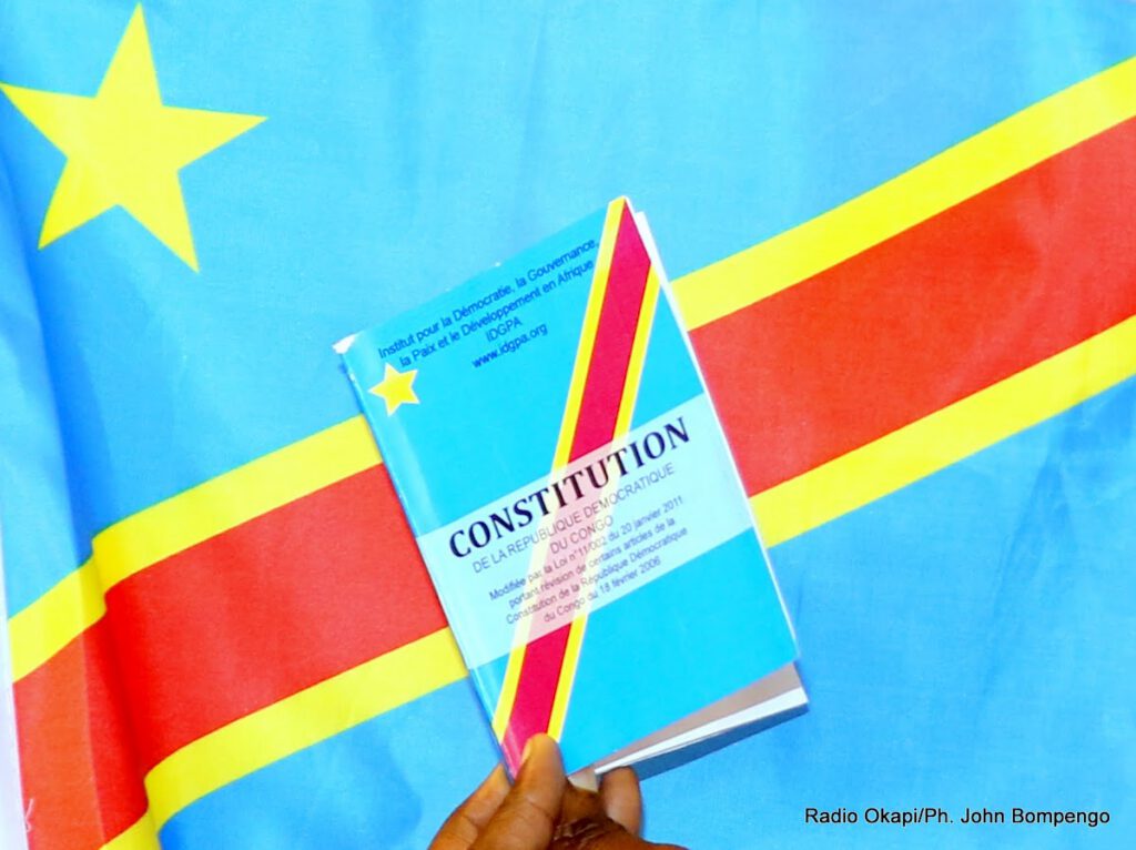 Constitution : le dépôt de la plainte contre Félix Tshisekedi différé Une main tenant la constitution de la RDC, avec le drapeau du pays en arrière-plan.